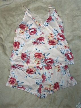 Flora Floral Lace Trim Cami Shorts Pajama Sleep Set Pink XL Womens Lounge